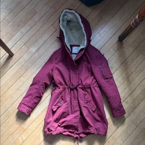 Zara: Women’s Burgundy Hooded Jacket lined (removable lining) extra buttons.